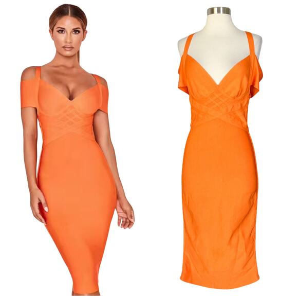 House of CB | Marianna Orange Bandage Cold Shoulder Sexy Cocktail Midi Dress M - Picture 1 of 12